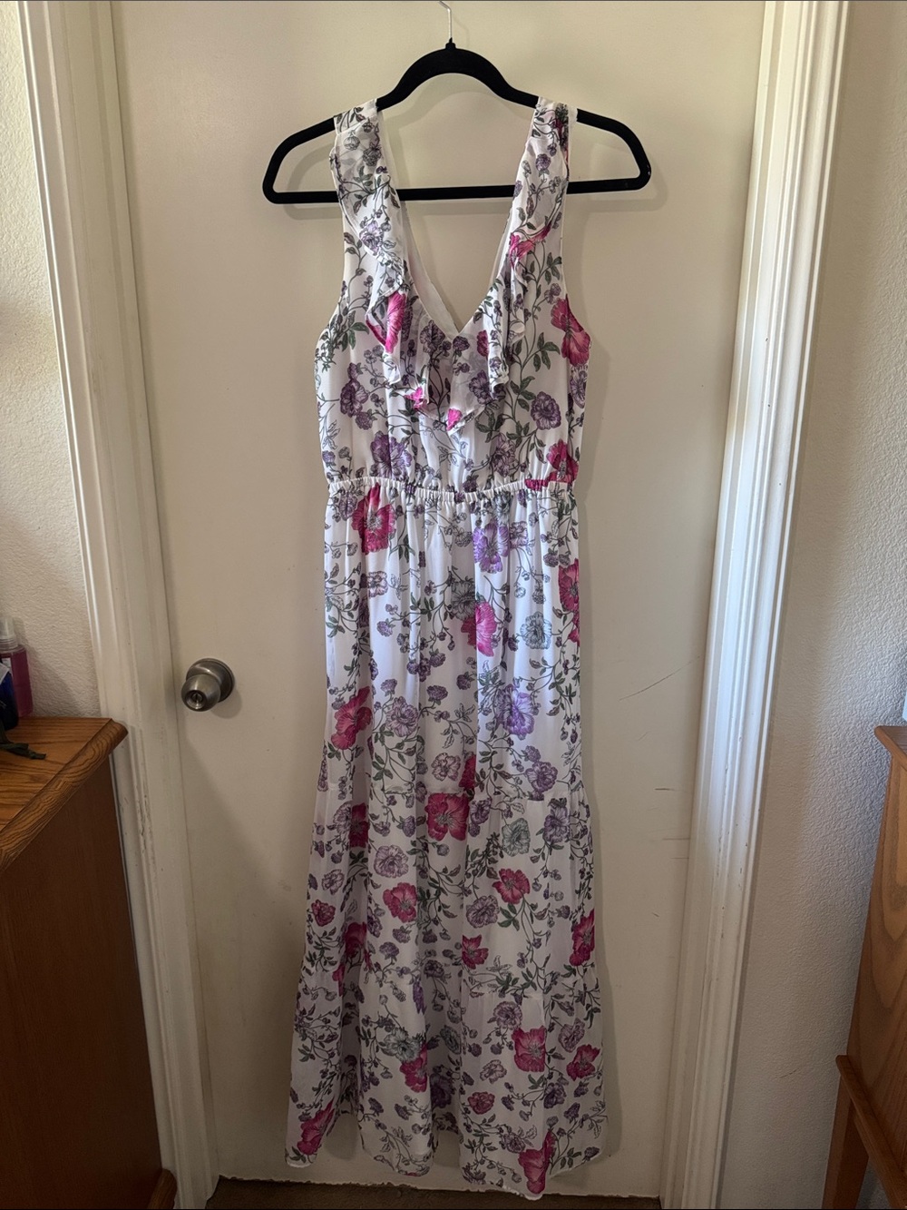 Express White Maxi Dress with Pink & Purple Floral Print